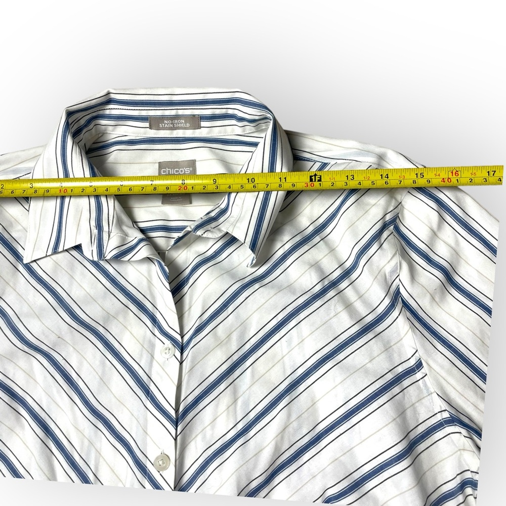 Chico's Blouse No-Iron Stain Shield Blue Stripped Cotton Button Up Top size 1 - Picture 8 of 10